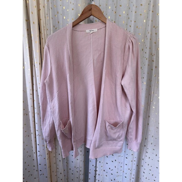 Peyton Primrose Women's Powder Pink Mix Ribbed Front Pockets Open Cardigan L - Picture 2 of 7